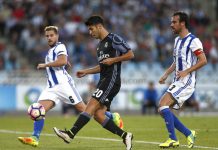 Marco Asensio anota un gol con el Real Madrid ante la Real Sociedad en Anoeta